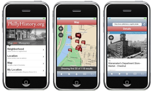 Fig 3: A version of PhillyHistory.org optimized for smartphones provides users with geographic search access to the entire collection of images  