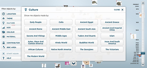 Fig 2: Filter on the discover interface, A History of the World website