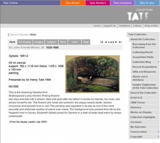 Fig 1: Screenshot of Tate Collection page largely designed in 2000, featuring Ophelia by JE Millais, 1851-2