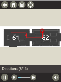 Figure 1: Screenshots of the guide's virtual keypad (1a), zoomed in interactive map with highlighted the location of the objects featured on the guide (1b), and an example of audiovisual directions in the Ancient Egypt guided tour (1c).