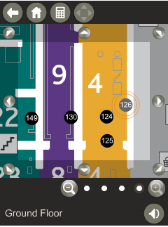 Figure 3: Screenshots of the interactive map's different zooming levels (a, b, c and d). The images also show the use of color to distinguish the different areas of the museum.