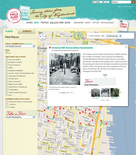 Fig 2: Using the PhilaPlace map feature visitors can jump to neighborhoods, filter story pins by topic and take thematic tours (http://www.philaplace.org/map/)