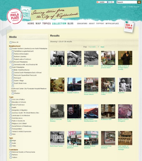 Fig 4: Faceted collections allow for browsing of photographs, videos and audio (http://www.philaplace.org/collection/search/1/)