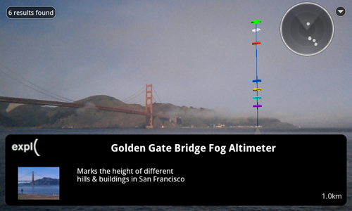 Fig 4: Prototype version of Golden Gate Bridge Fog Altimeter POI in the Layar mobile platform, with streaming audio explaining color-coded height markers corresponding to the altitude of different local features  