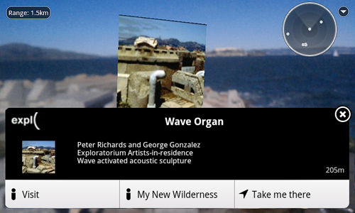 Fig 5: Augmentation of acoustic wave sculpture, the Wave Organ in San Francisco, using the Layar mobile platform, with links to exhibit Web page and to Driven: Stories of Inspiration audio slideshow series program My New Wilderness, featuring artist Peter