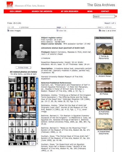 Search result for specific object on the Giza Archives web site.