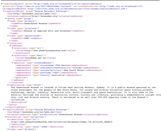 Museums Metadata Exchange screenshot (RIF-CS XML output)