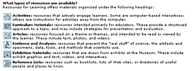 resources available: activities, curriculum materials, articles, evidence and analysis, exhibition materials, and reference lists