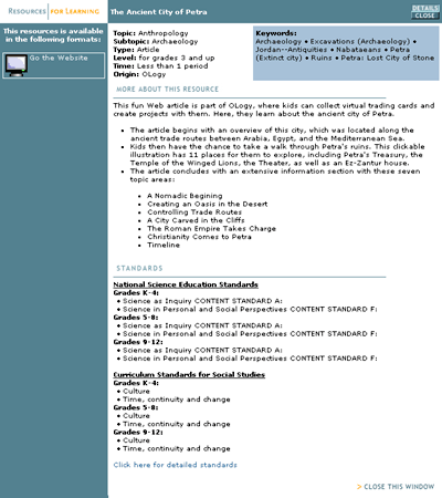 Resource Record for "The ancient City of Petra" a record from Ology
