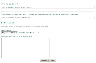 Fig 5: Botany Photo of the Day example comments and comment submission form
