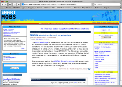 Fig. 4: A SmartMobs posting about an SFMOMA Artcast, December 22, 2005